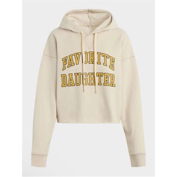 Favorite Daughter Tops - Favorite Daughter The Cropped Collegiate Cotton Blend Hoodie Stone/Dijon